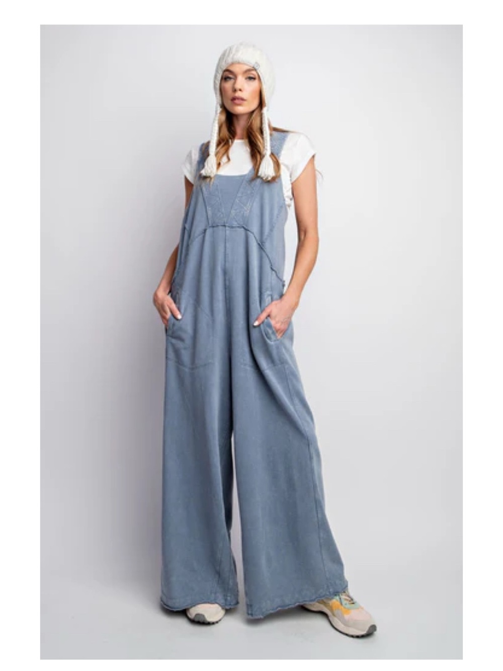 Easel Mineral Washed Terry Knit Jumpsuit in Denim NWT SIZE M - Picture 4 of 10